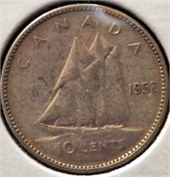 1952 Canadian silver 10 cent coin