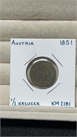 1851 Austria 1/2 Kreuzer Coin