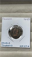 1643 France Double Tournois Coin