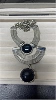 Chunky Silver Tone Necklace With Black Glass Circl