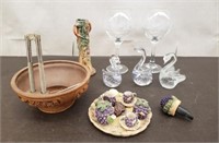 Pair of Wine Glasses, Glass Swans, Nut Bowl & More