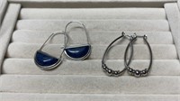 2 Pairs Silver Tone Pierced Earrings Blue Stones &