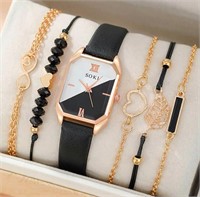 6pcs Square Quartz Watch Dainty Bracelets Set