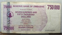 Zimbabwe 750,000 bank note