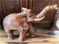 Solid Wood Carved Raised Trunk Elephant Statue