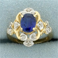 Sapphire and Diamond Scroll Design Ring in 14k Yel