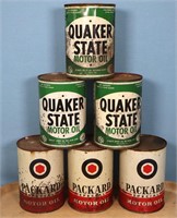 (6) Vintage Quaker State + Packard Oil Cans