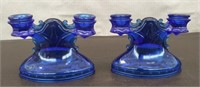 Pair Cobalt Blue Double Candle Holders