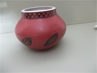 Red Porcelian pot  with black painted leaves