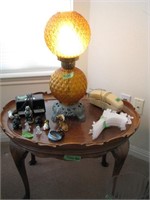 Amber glass lamp w/Queen Ann table, misc