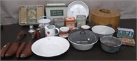 Vintage Items- Cake Keeper, Tins, Enamelware, Misc