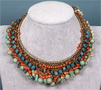 Enamel, Turquoise & Coral Collar Necklace