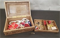 Pretty Carved Jewelry Box w/ Assorted Costume