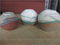 Vintage 3 small round ceramic  vases Signed