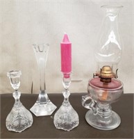 Oil Lamp w/ Crystal & Glass Candle Holders