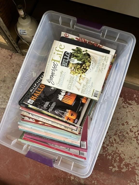 tote (no lid) of magazines, hardback and paperback