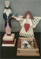 Box-Wooden Uncle Sam, Angel, 4" Box With Lid, &