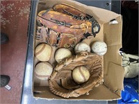 2 baseball gloves, 7 baseballs regent sports