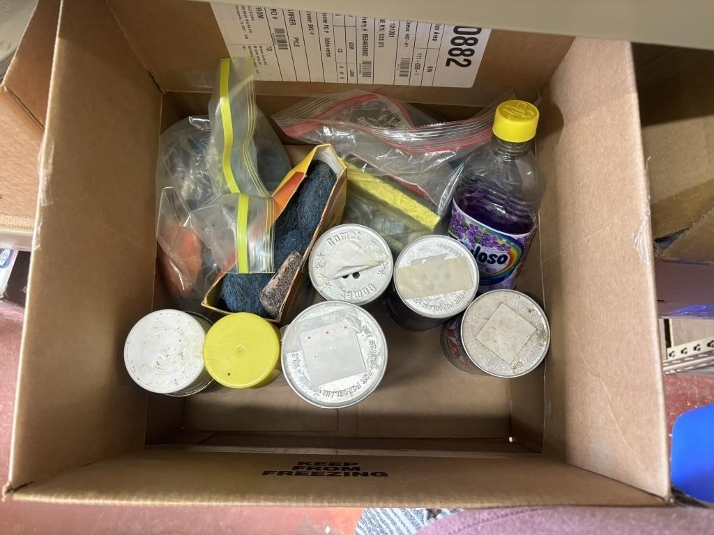box of cleaning supplies, ajax, comet, furniture