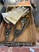 box of gloves, chainsaw chains, metal cutters,