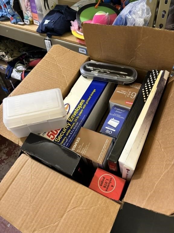 box of pen sets, index cards and holder, various