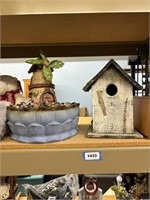 birdhouse, planter with windmill fairy garden