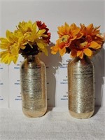 2 Gold Vases with Flowers