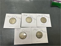 5 V NICKELS 1907,1908,1909,and (2) 1911