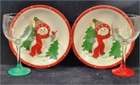 Christmas Plates By Studio 33 & 2 Wine Glasses