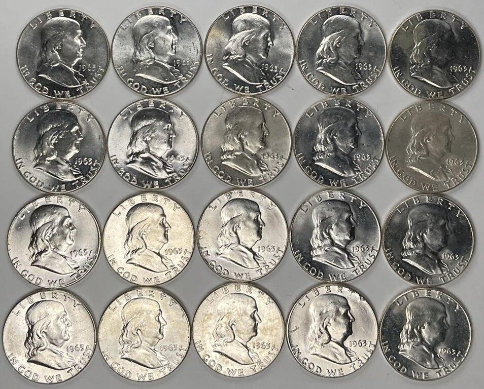 Lot of 20: 1963 BU Franklin Half Dollars