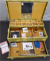 Vintage Jewelry Box w/ Assorted Jewelry & Pins