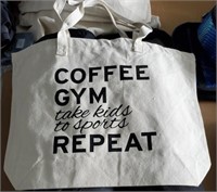 Qty of 2 CANVAS TOTE BAG COFFEE GYM KIDS REPEAT