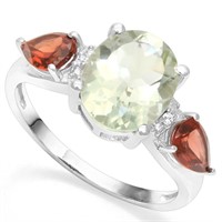 Green Amethyst, Garnet, and Diamond Ring in Sterli