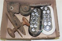 BOX WITH ANTIQUE DOORKNOBS, LIGHTS, & WHEELS