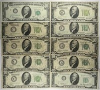Lot of 10: $10 Federal Reserve Notes