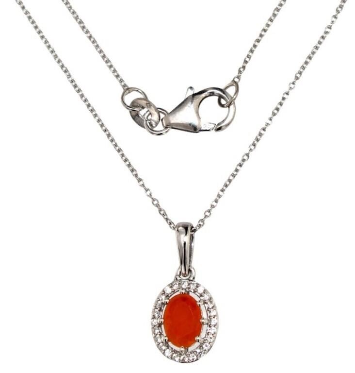 Oval Natural Fire Opal & Zircon Necklace