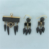 Antique Victorian Black Onyx Earrings and Brooch/P