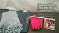 Wire Basket With Hand Warmers, Gloves, Shawl, &
