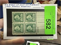 #864 MINT NH STAMP BLOCK W PL# 1940 FAMOUS AMER