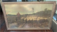 Antique Shepherd with Herd of Sheep Lithograph