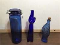3 blue glass items