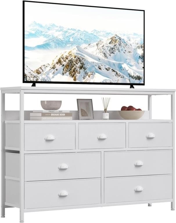 Furologee White TV Console Table - 7 Drawers