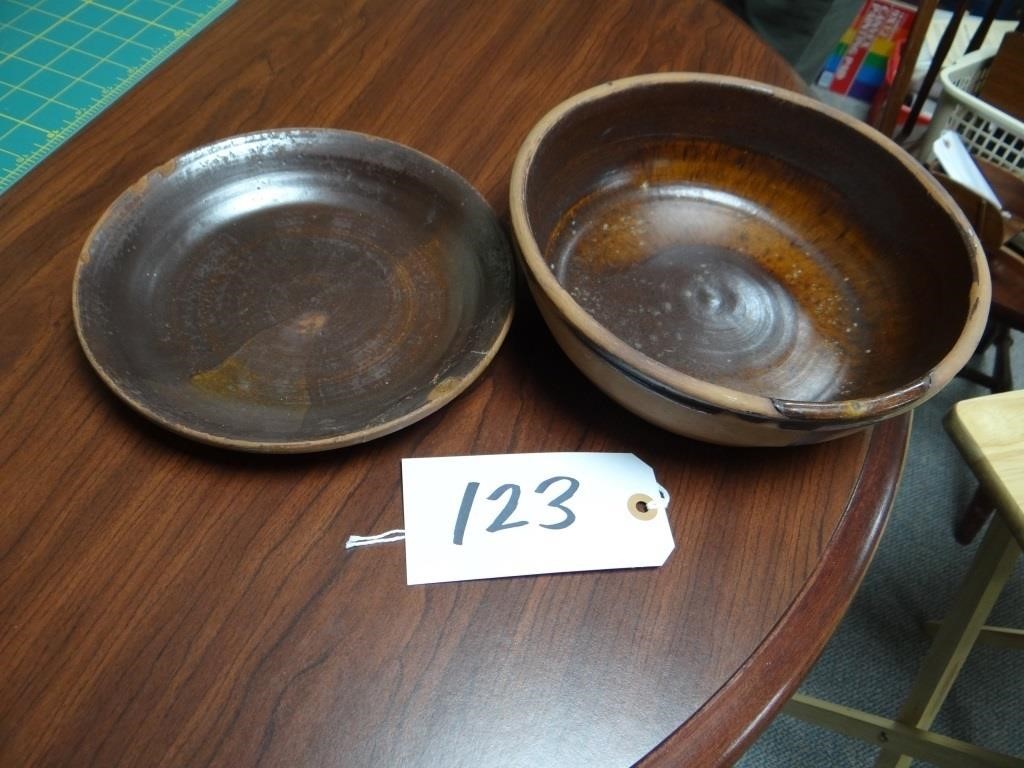 Clay Pottery Bowl & Dish, one repaired