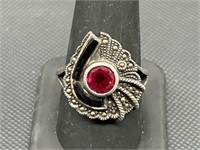 925 Silver w/ Ruby Ring, Size 10, 
TW 6.4g