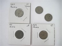 Lot of 5 Pre-WWI Coins - Austria
