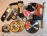 Assorted Tools, Blades, Bits, and Grinding Wheels