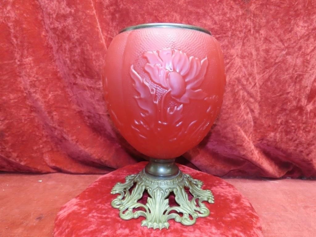 Old Cranberry glass embossed Oil lamp base.