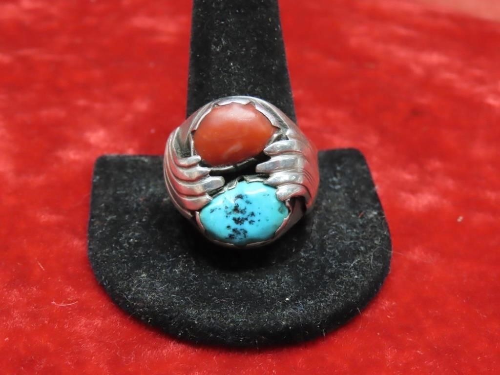 Sterling silver Turquoise & coral Men's ring.