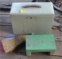 metal box, step, flyswatters, broom