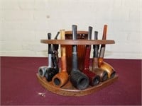 Nice old Smoking pipe stand & (7)pipes.